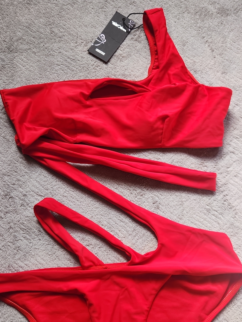 Red Summer, Vacation,  Sexy, Asymmetric Cut-Out One Shoulder,  Piece Swimsuit - Picture 3 of 6